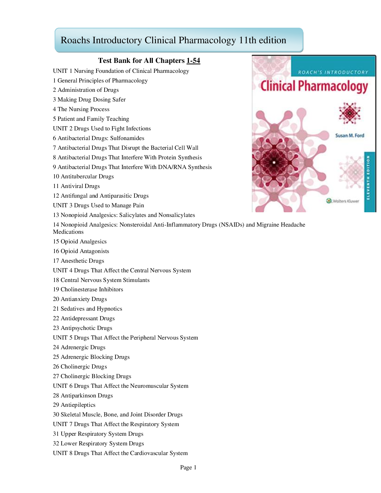 Preview of Roachs Introductory Clinical Pharmacology 11th edition | Chapter 1-54 | TEST BANK
